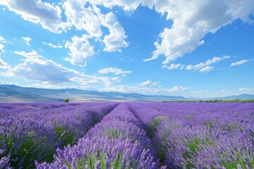 Vibrant lavender fields stretch under a blue sky with scattered clouds in a picturesque landscape during the day in a rural location
