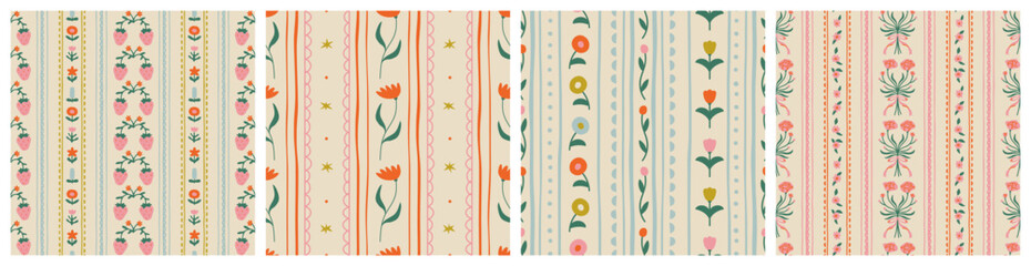 Set of colorful vintage flower art seamless pattern illustration. Retro nature floral background collection in hand drawn style. Spring season decoration texture, nature textile drawing print.