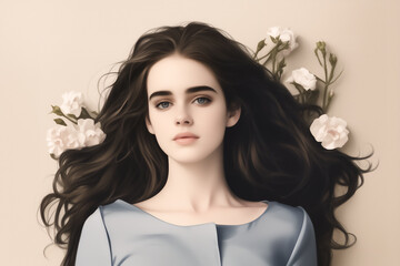 Fototapeta premium Young woman with serene beauty, blue eyes, long, flowing dark hair, in a dreamy and elegant atmosphere, digitally painted portrait for a Spring illustration, Wallpaper