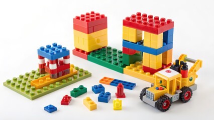 Fototapeta premium Colorful Plastic Construction Blocks on White Background