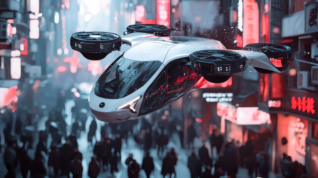 Futuristic Flying Car Hovering Above Crowded Neon City Streets at Night. Concept of Future Transportation, Advanced Urban Mobility, Smart Technology, AI-Powered Aerial Vehicle, Sci-Fi Innovation