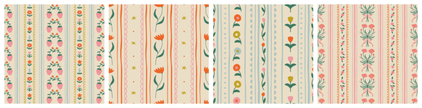 Set of colorful vintage flower art seamless pattern illustration. Retro nature floral background collection in hand drawn style. Spring season decoration texture, nature textile drawing print.