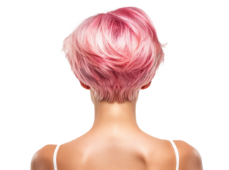 back view of young woman with pink short hair isolated on transparent