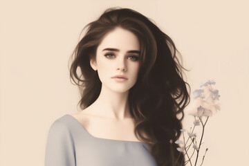 Fototapeta premium Young woman with serene beauty, blue eyes, long, flowing dark hair, in a dreamy and elegant atmosphere, digitally painted portrait for a Spring illustration, Wallpaper