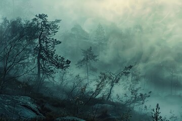 Majestic fog envelops a mountain landscape with silhouetted trees during a tranquil morning in a remote valley
