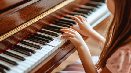 Fototapeta premium Close-Up of Young Caucasian Girl s Delicate Fingers Playing Piano Keys Indoors. Concept of Musical Talent, Childhood Creativity, Piano Education, Artistic Expression