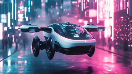 Futuristic Autonomous Taxi Car with Sleek Aerodynamic Design Hovering in Neon-Lit Urban Environment at Nighte. Concept of Innovation, Urban Mobility, Technology, Future Transportation.