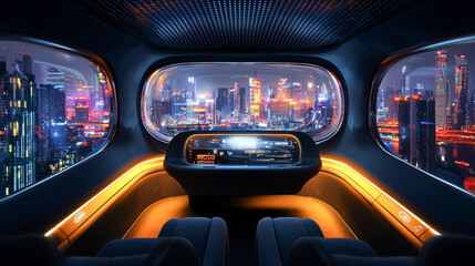 Futuristic autonomous car interior with panoramic city skyline view at night. Concept of self-driving cars, smart transportation, high-tech urban mobility, vehicle, taxi, and digital innovation