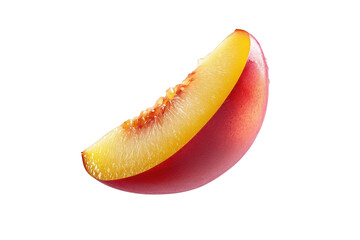 A vibrant slice of peach hovering gracefully against a bright, minimalist background isolated on transparent background