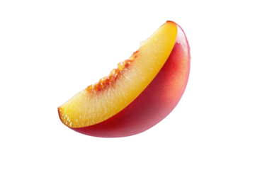 A vibrant slice of peach hovering gracefully against a bright, minimalist background isolated on transparent background