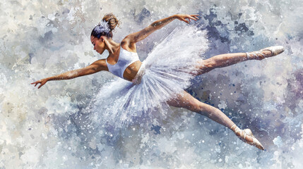 Watercolor Illustration of a Female Ballerina in Elegant Pirouette with Graceful Pose and Flowing Tutu Skirt