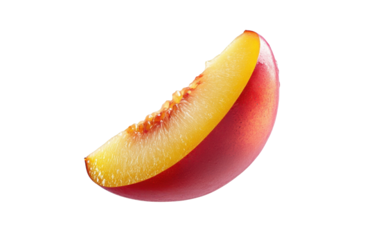 A vibrant slice of peach hovering gracefully against a bright, minimalist background isolated on transparent background