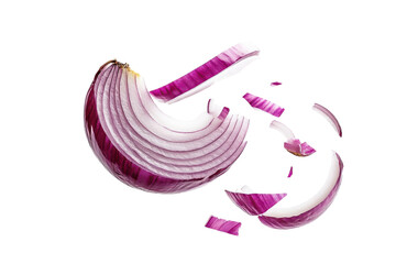 Sliced red onion pieces suspended in mid-air against a clean white backdrop isolated on transparent background