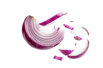 Sliced red onion pieces suspended in mid-air against a clean white backdrop isolated on transparent background