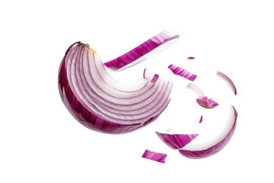 Sliced red onion pieces suspended in mid-air against a clean white backdrop isolated on transparent background