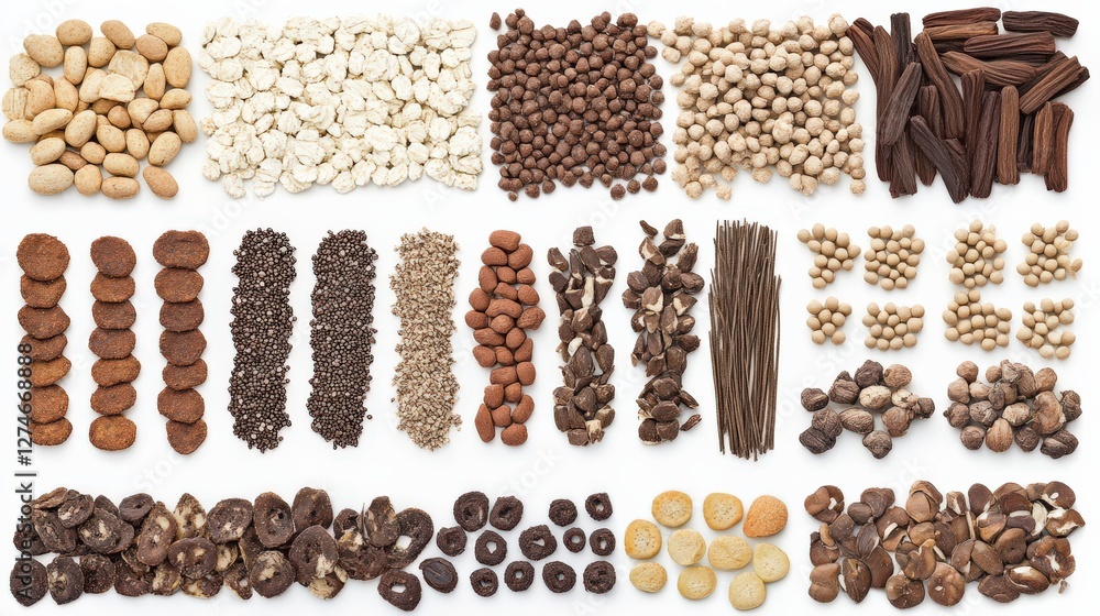 Poster a vibrant assortment of various nuts and seeds arranged neatly on a white background