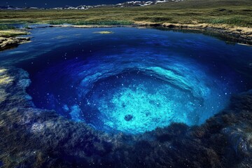 Deep blue water pool surrounded by grassy terrain in a serene landscape
