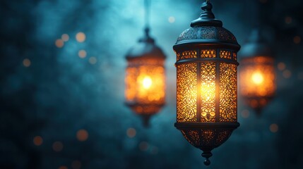 Glowing Ramadan lanterns hanging at night, bokeh background; ideal for greeting cards