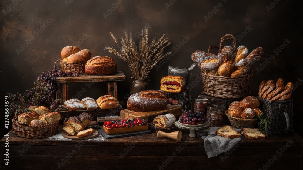 Poster a rustic bakery display featuring various breads, pastries, and fruits in a warm, inviting setting