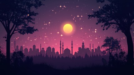 Night cityscape, moonlit skyline, trees, stars, peaceful