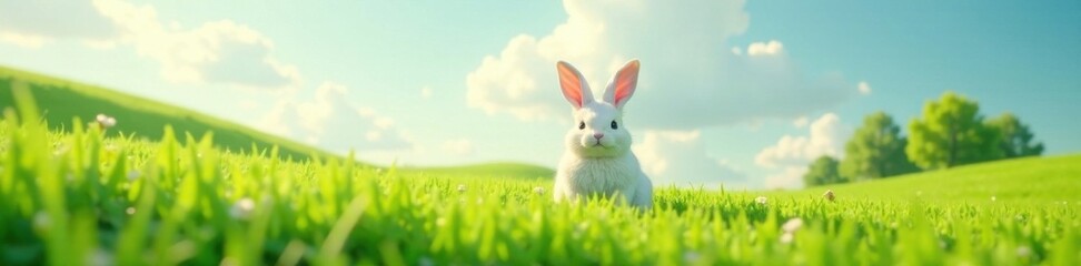 Obraz premium Bunny ears on a grassy hill, spring scene, landscape, green field