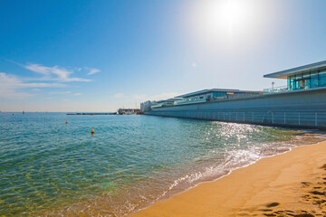 Port Olímpic Marina in Barcelona on a sunny day, featuring luxury yachts, clear blue skies, and a vibrant waterfront atmosphere along the Mediterranean coast.