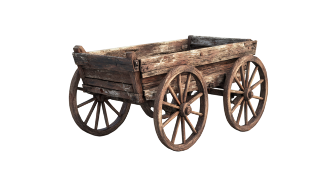 Old wooden cart with wheels isolated on transparent background, perfect for photo editing and compositing