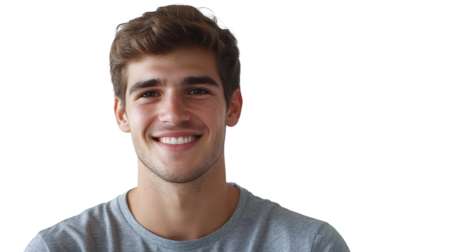 Cheerful young male model smiling brightly against transparent background, ready for seamless graphic design integration