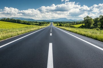 Obraz premium Open road stretches through lush green fields under a bright blue sky