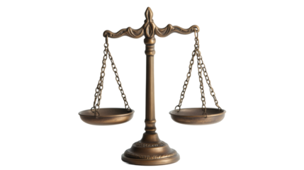 Brass weighing scales representing justice and law on transparent background, ideal for legal or law enforcement themes