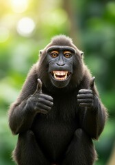 Obraz premium A cute monkey joyfully giving a thumbs-up, perfect for fun and motivational designs.