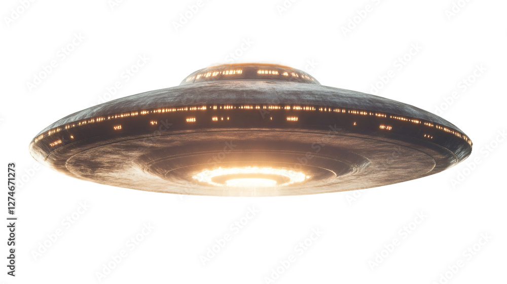 Aufkleber large alien spaceship hovering with glowing lights, on transparent background, ready for photo editi