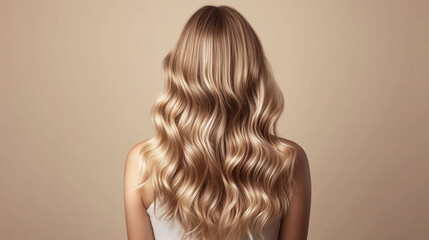 Blonde woman with wavy hair: back view of long, shiny locks