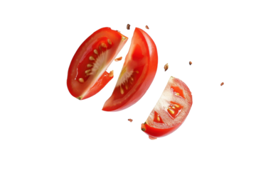 Sliced tomatoes hover over a clean white background, creating a vibrant, appetizing look isolated on transparent background