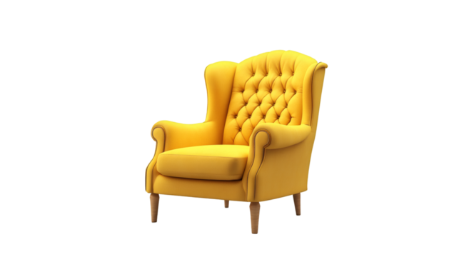 Modern yellow wingback chair isolated on transparent background, perfect for interior design projects and visualizations