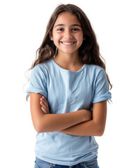 Fototapeta premium Little kid girl 12,13, 14 years old on transparent background. Children studio portrait. Emotional kids face. Happy teenager, positive and smiling emotions of teen girl