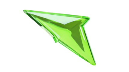 Green glass paper airplane flying, symbol of travel and communication, with transparent background
