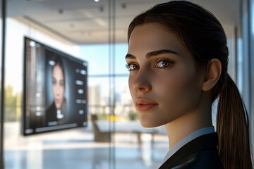 A professional businesswoman utilizes an AI-powered assistant to streamline her workflow in a modern office
