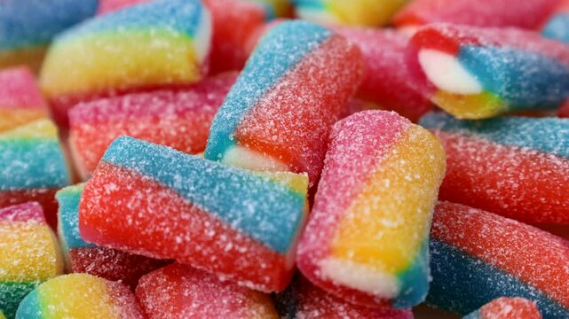 Bright colorful sweet and sour gummy candy rolls circle rotation close up
