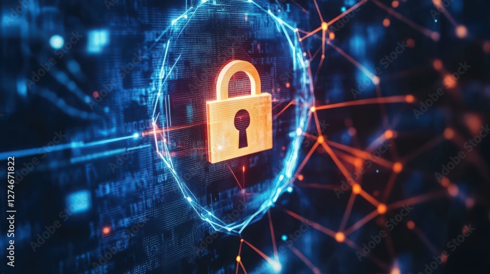 Aufkleber cybersecurity concept with digital lock and data transmission network