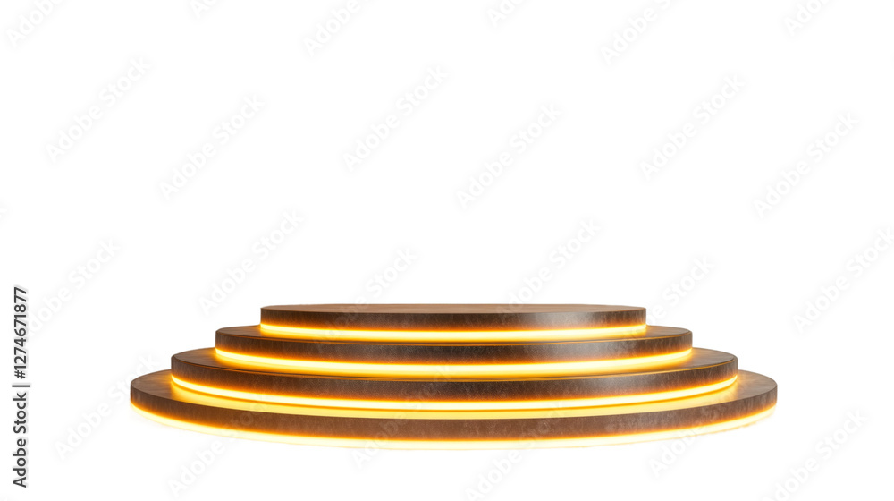 Poster 3d rendering of a round wooden podium with glowing golden edges on transparent background, perfect f
