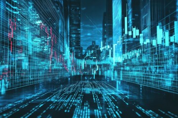 Digital cityscape with financial data representation at night time