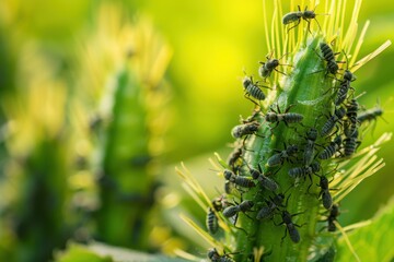 Fototapeta premium Swarm of brightly colored beetles feeding on lush green leaves in a vibrant garden during sunny afternoon
