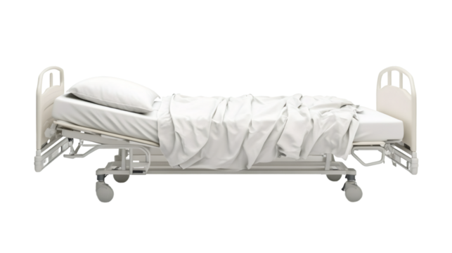 Hospital bed with clean white linens, positioned for incoming patient, isolated on transparent background