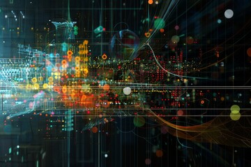 Obraz premium Abstract representation of interconnected nodes and lines forming a network pattern, showcasing complexity and organization in a visually striking manner