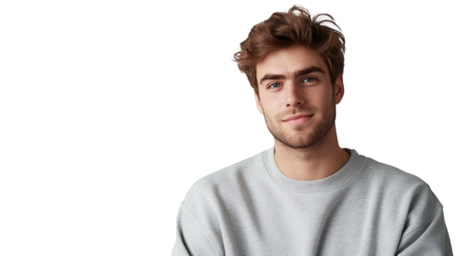 Confident young professional wearing gray sweatshirt, close-up portrait against transparent backdrop, conveying modern urban style and brand potential - Powered by Adobe