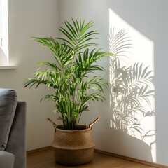 Areca palm Dypsis lutescens in woven basket near window casting leafy shadows bright natural interior plant styling