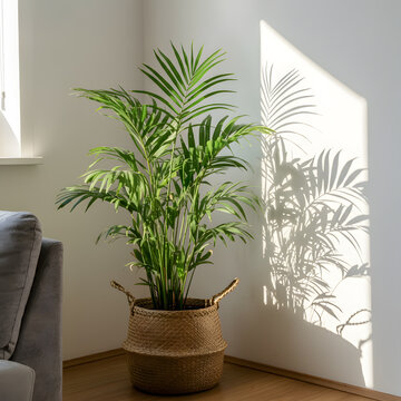 Areca palm Dypsis lutescens in woven basket near window casting leafy shadows bright natural interior plant styling