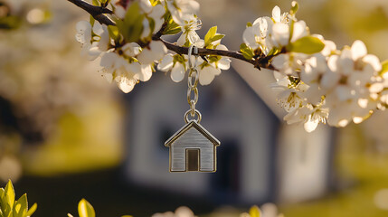 Stylish real estate marketing with a house keychain hanging from flowered branches in a bright, natural setting during springtime