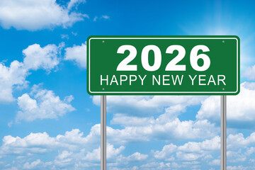 An image with a signpost pointing in two different directions in German. One direction points to 2026, Happy New Year concept with blue sky.